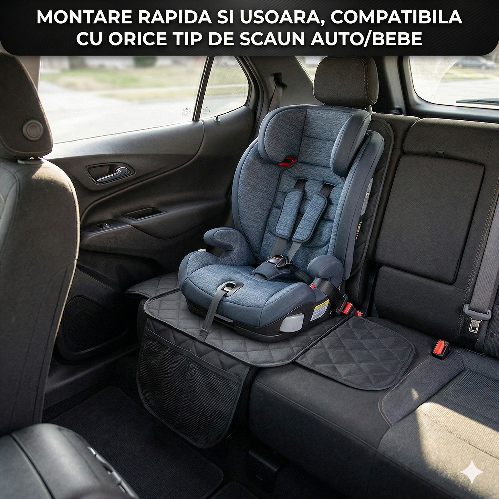 Protectie scaun auto matlasata, universala, cu protectii laterale si buzunar organizator, impermeabila, lavabila, neagra