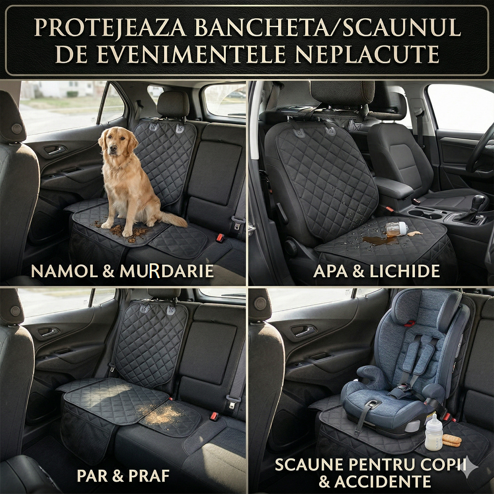 Protectie scaun auto matlasata, universala, cu protectii laterale si buzunar organizator, impermeabila, lavabila, neagra