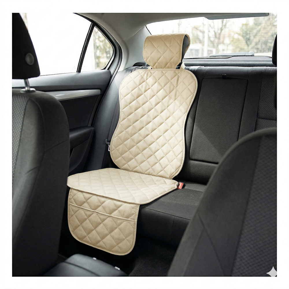 Protectie scaun auto matlasata, cu buzunar organizator si husa tetiera, crem, Metru Patrat