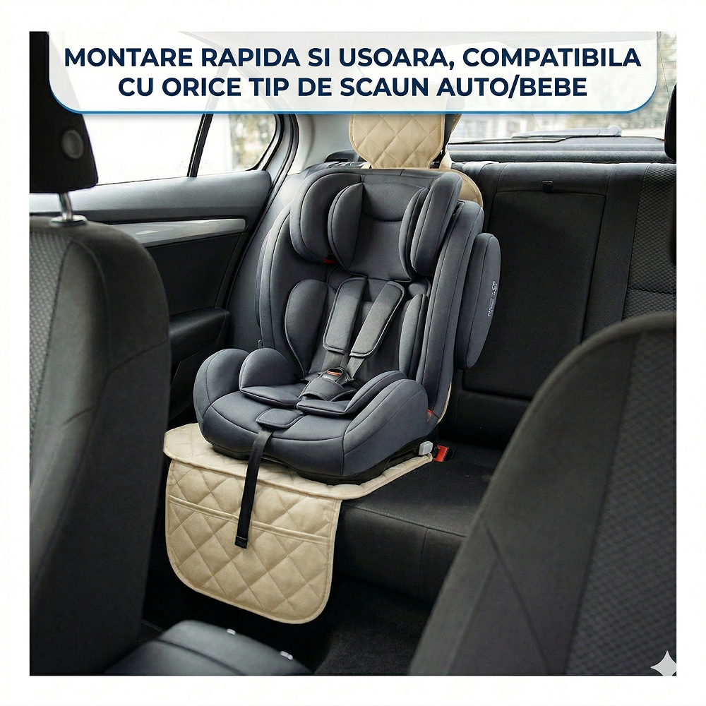 Protectie scaun auto matlasata, cu buzunar organizator si husa tetiera, crem, Metru Patrat