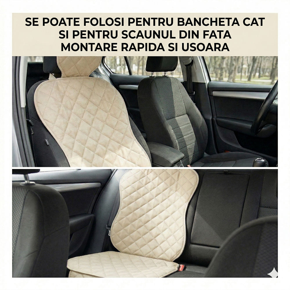 Protectie scaun auto matlasata, cu buzunar organizator si husa tetiera, crem, Metru Patrat