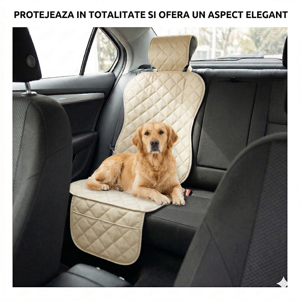 Protectie scaun auto matlasata, cu buzunar organizator si husa tetiera, crem, Metru Patrat