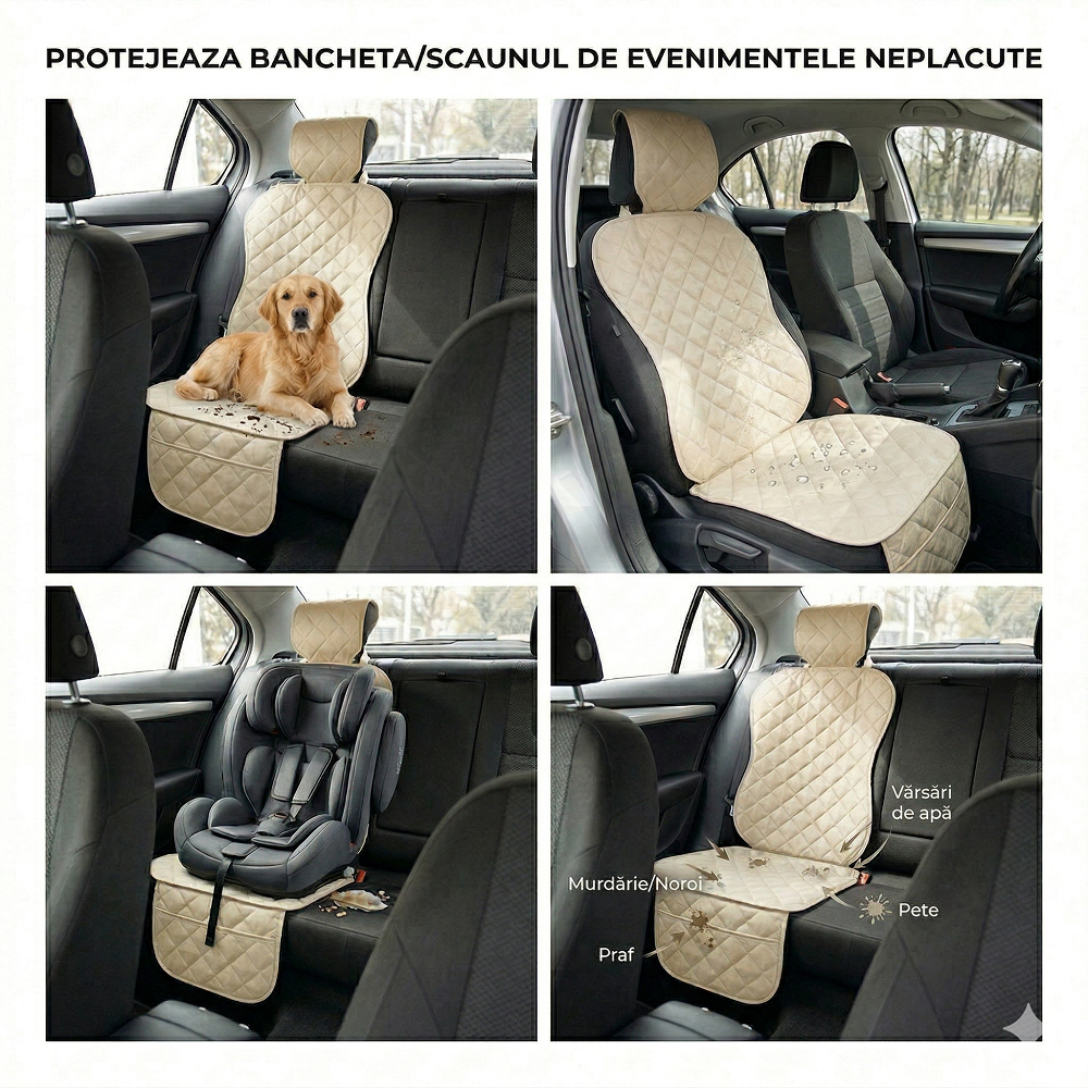 Protectie scaun auto matlasata, cu buzunar organizator si husa tetiera, crem, Metru Patrat