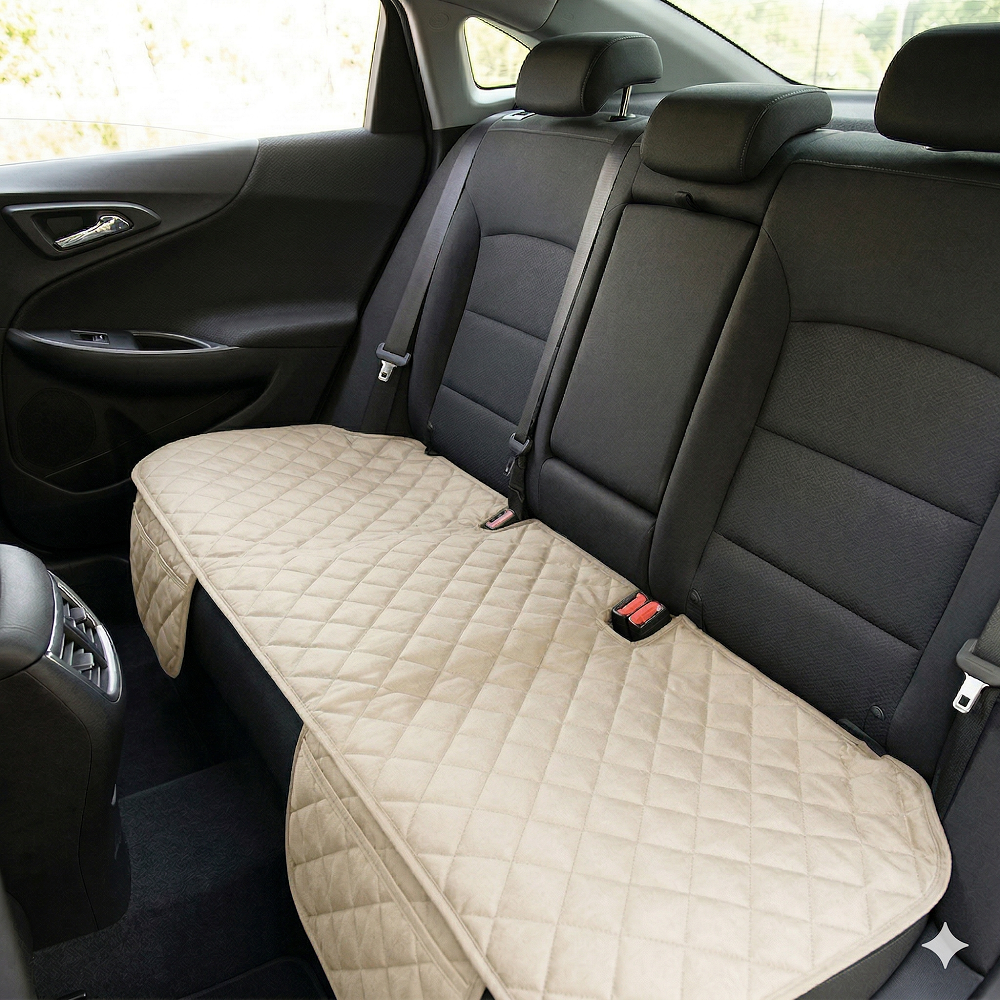 Protectie auto matlasata pentru sezut bancheta, cu 2 buzunare organizatoare, crem, impermeabila, lavabila