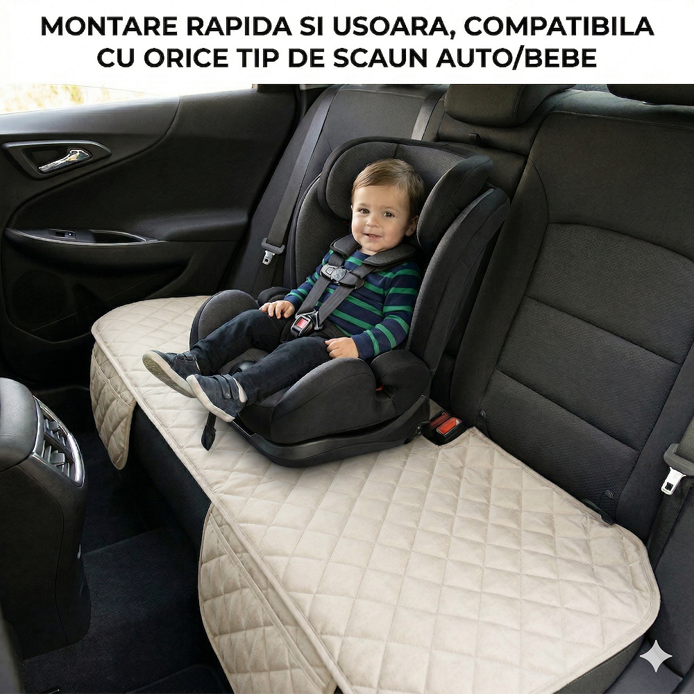 Protectie auto matlasata pentru sezut bancheta, cu 2 buzunare organizatoare, crem, impermeabila, lavabila