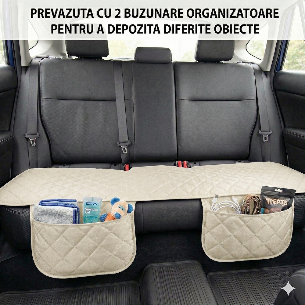 Protectie auto matlasata pentru sezut bancheta, cu 2 buzunare organizatoare, crem, impermeabila, lavabila