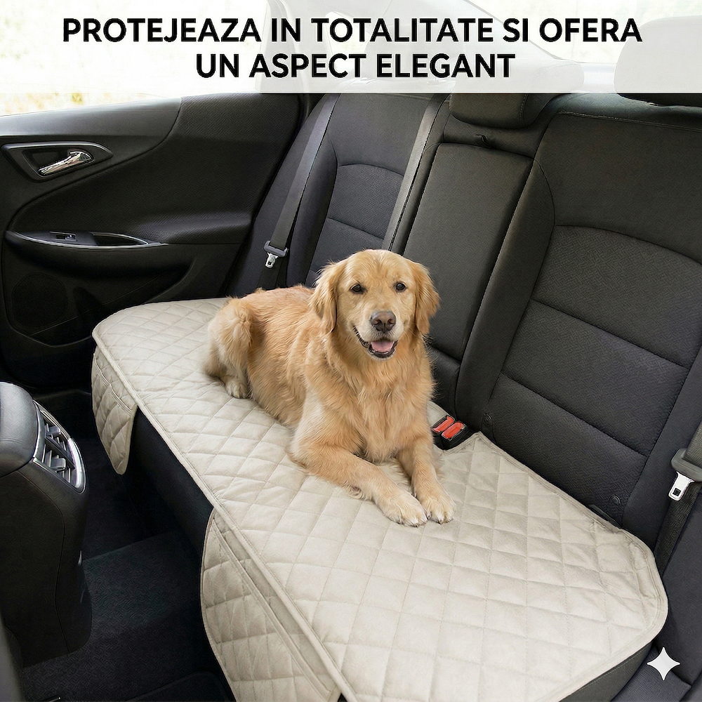 Protectie auto matlasata pentru sezut bancheta, cu 2 buzunare organizatoare, crem, impermeabila, lavabila