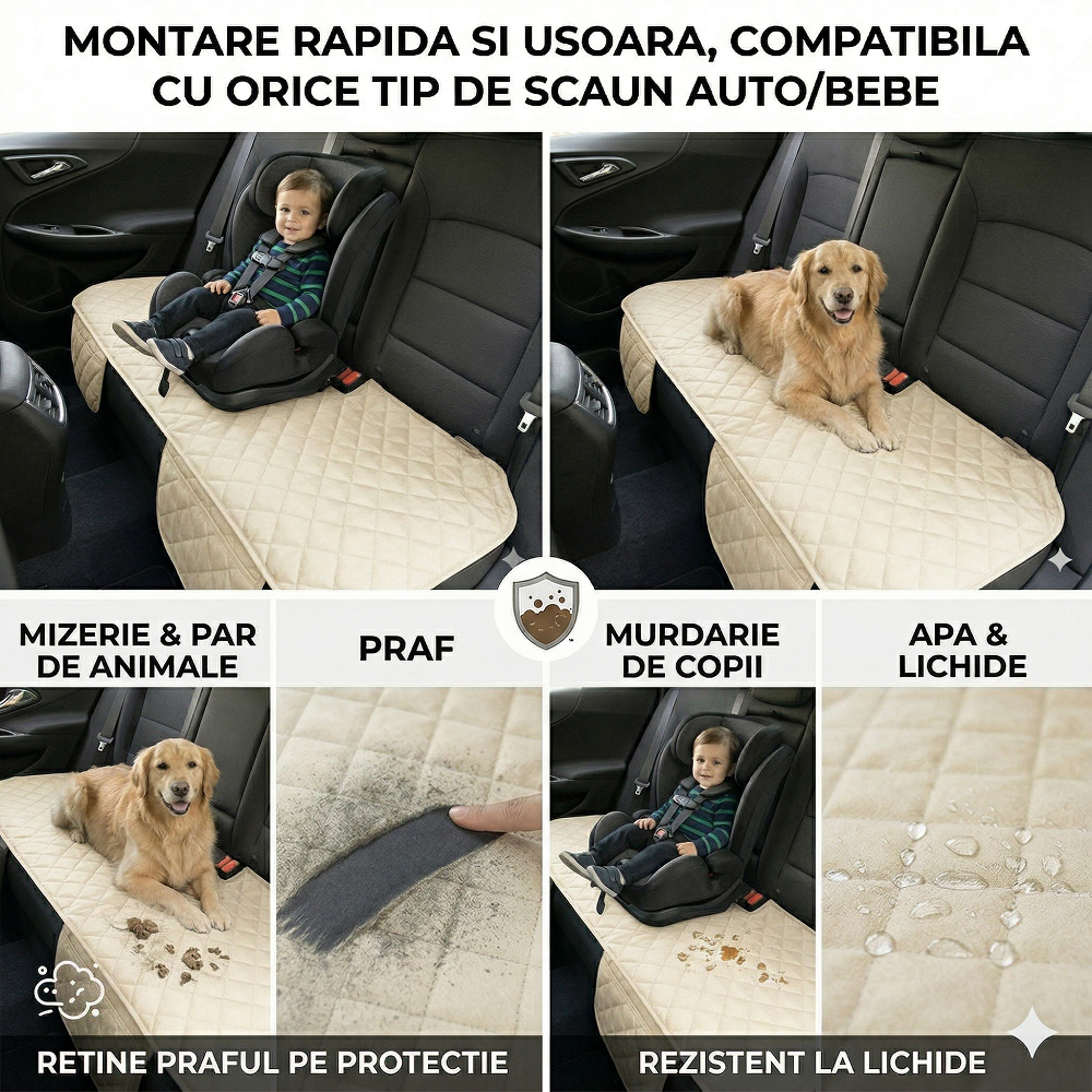 Protectie auto matlasata pentru sezut bancheta, cu 2 buzunare organizatoare, crem, impermeabila, lavabila