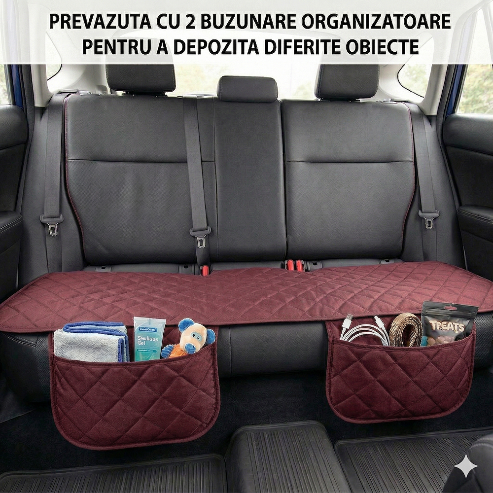 Protectie auto matlasata pentru sezut bancheta, cu 2 buzunare organizatoare, grena, impermeabila, lavabila