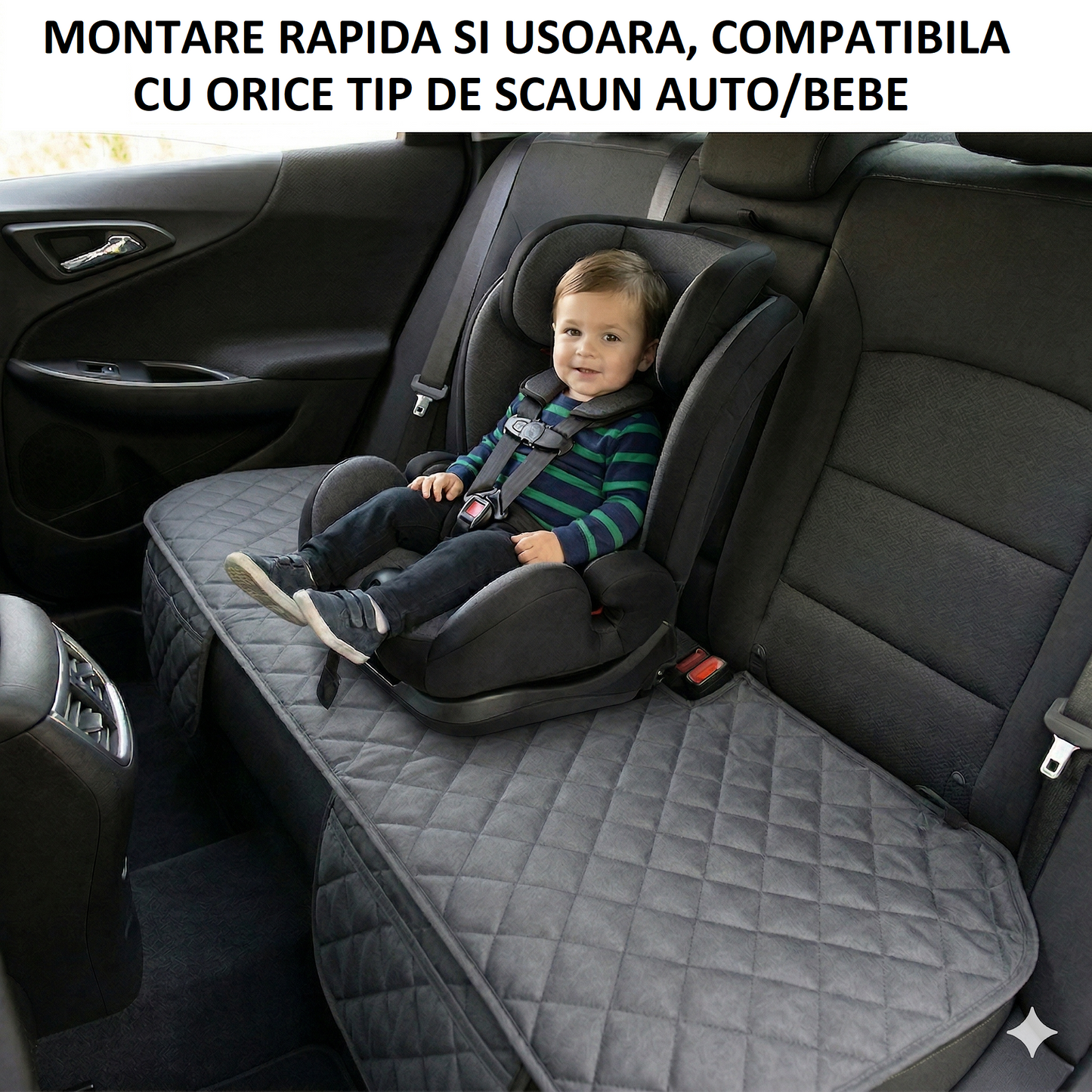 Protectie auto matlasata pentru sezut bancheta, cu 2 buzunare organizatoare, gri, impermeabila, lavabila