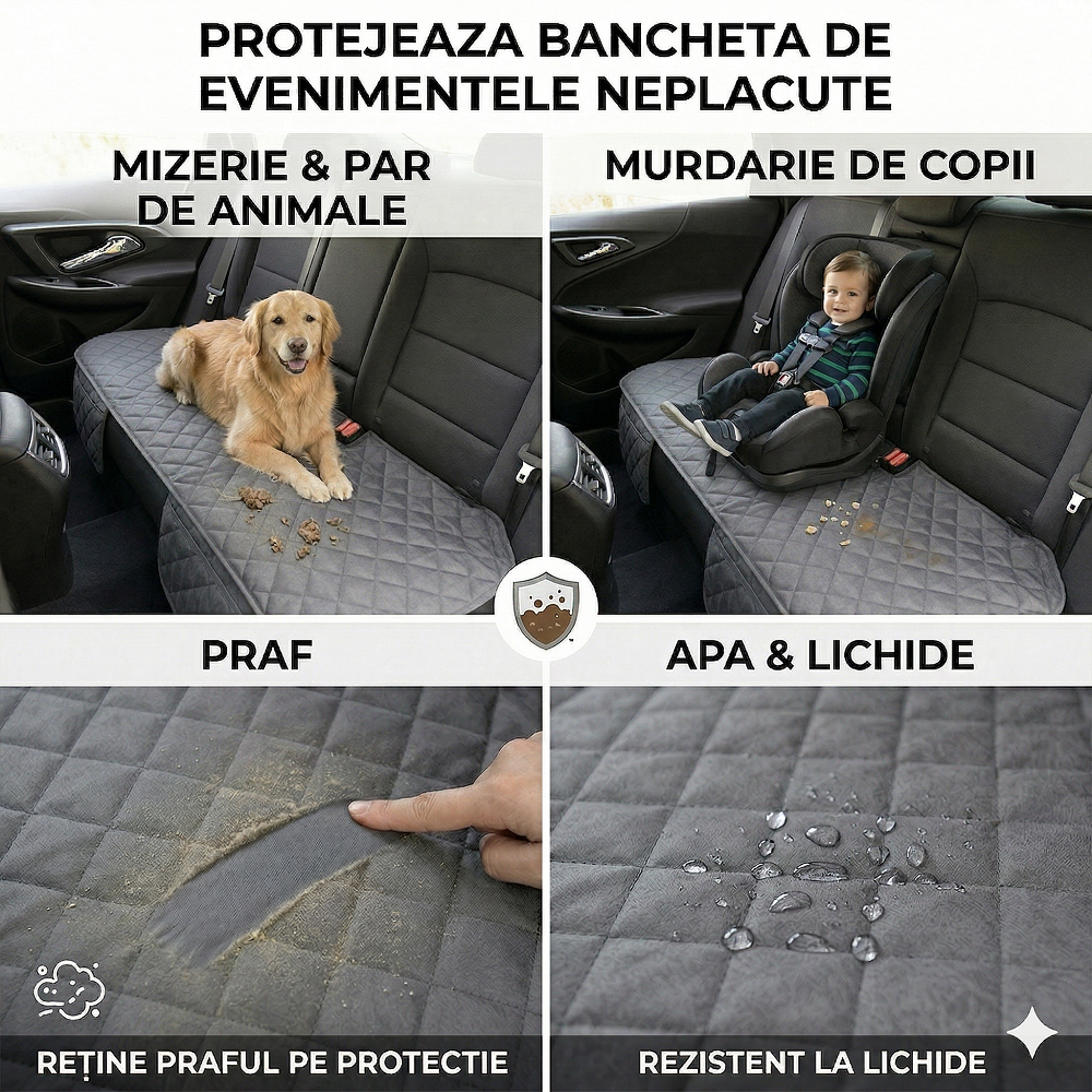 Protectie auto matlasata pentru sezut bancheta, cu 2 buzunare organizatoare, gri, impermeabila, lavabila