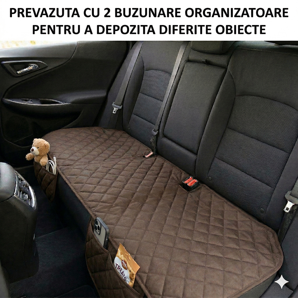 Protectie auto matlasata pentru sezut bancheta, cu 2 buzunare organizatoare, maro, impermeabila, lavabila
