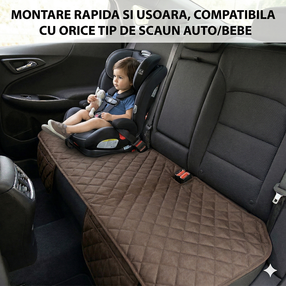 Protectie auto matlasata pentru sezut bancheta, cu 2 buzunare organizatoare, maro, impermeabila, lavabila