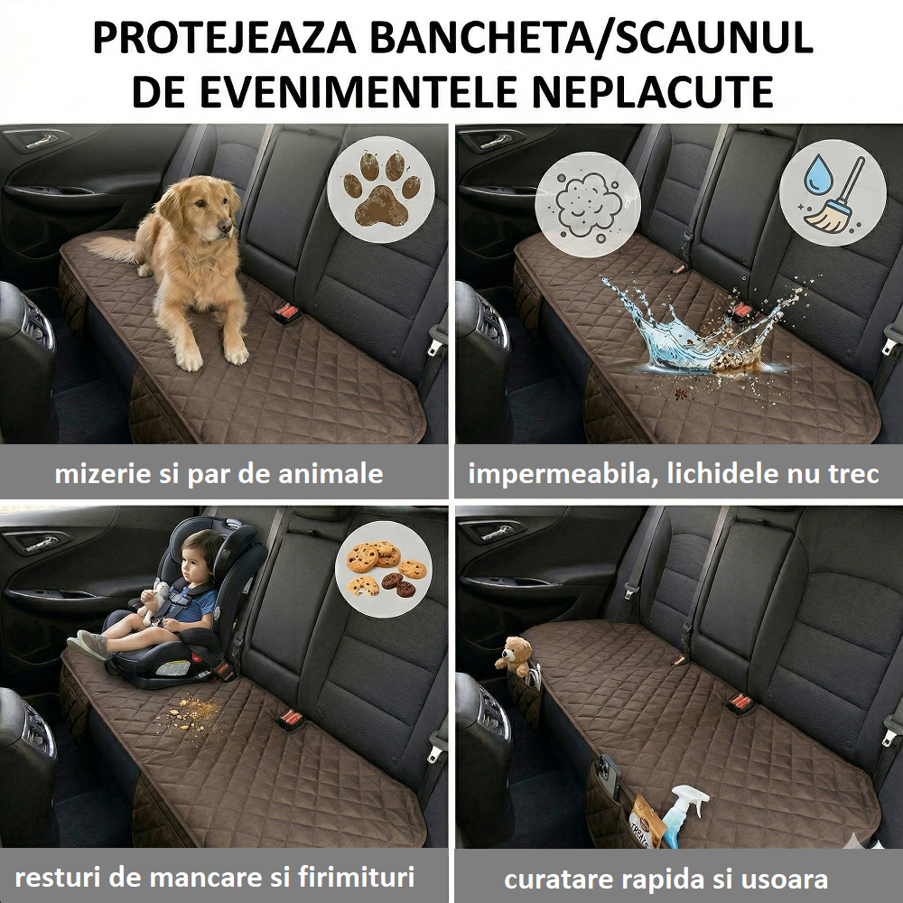 Protectie auto matlasata pentru sezut bancheta, cu 2 buzunare organizatoare, maro, impermeabila, lavabila