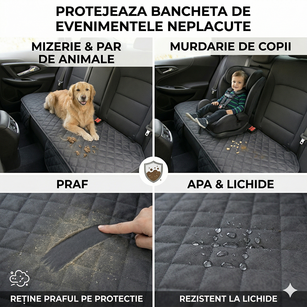 Protectie auto matlasata pentru sezut bancheta, cu 2 buzunare organizatoare, neagra, impermeabila, lavabila
