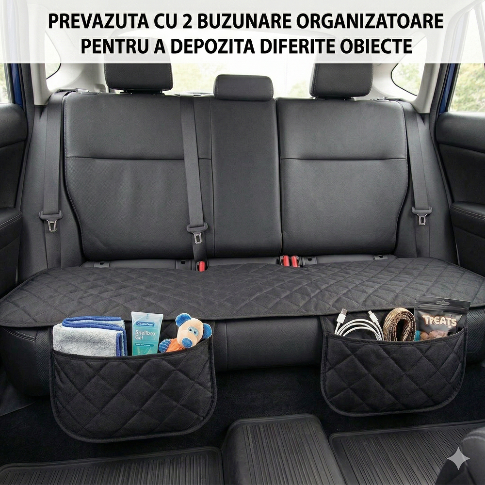 Protectie auto matlasata pentru sezut bancheta, cu 2 buzunare organizatoare, neagra, impermeabila, lavabila